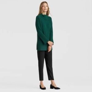 Eileen Fisher hunter green ribbed cashmere split turtleneck tunic size L